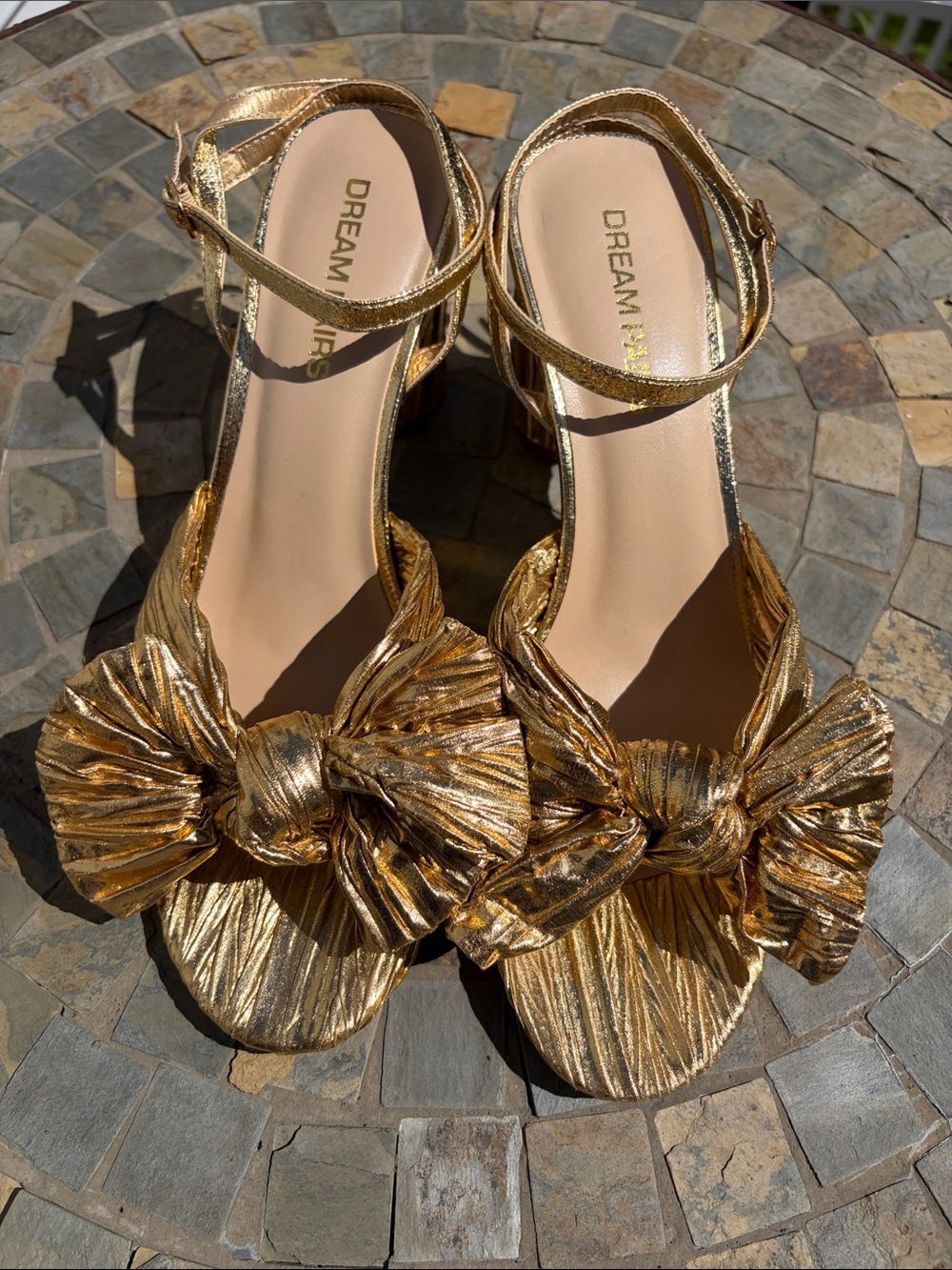 Gold Bow Ankle-Strap Formal Dressy Sandals for Women Size 10